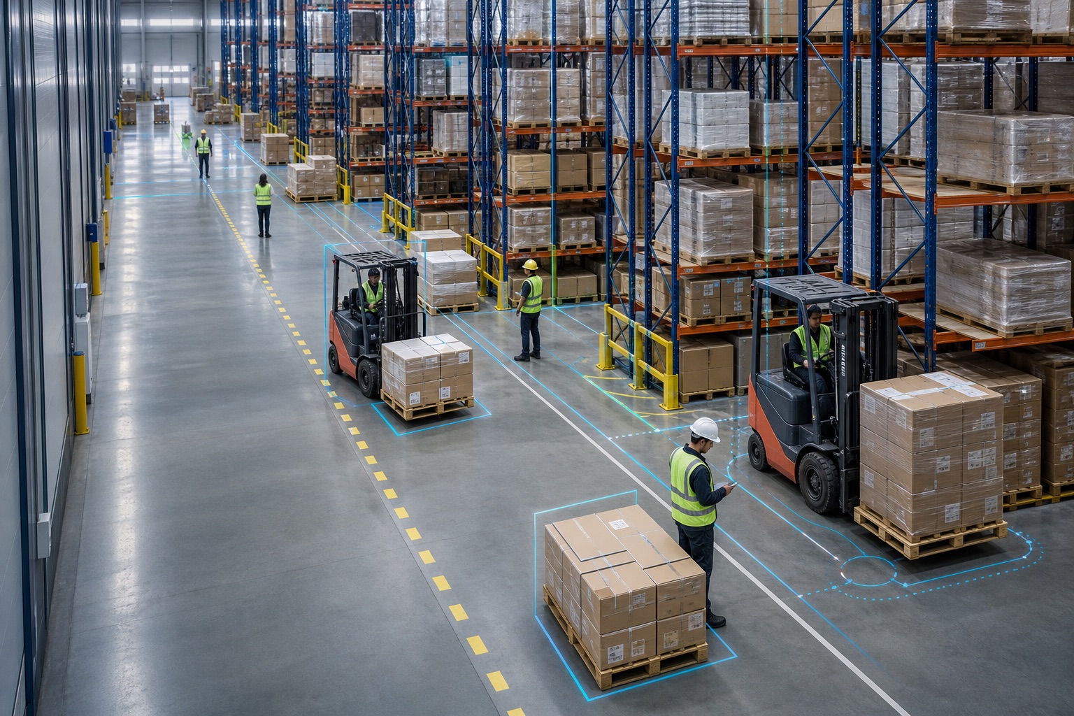 Centro de distribución moderno en Estados Unidos que utiliza inteligencia visual NOVUS para monitorear personas, vehículos y zonas